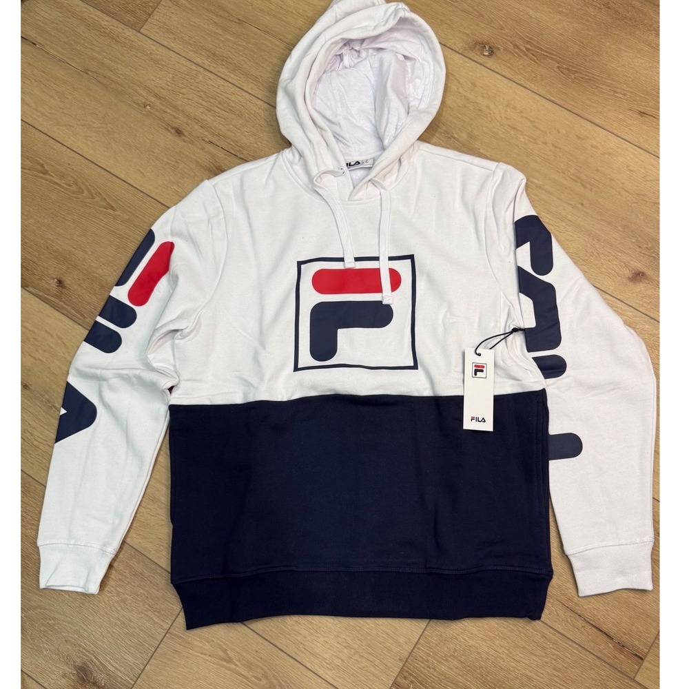 Fila Mens Marzio Hoodie Colorblock Logo Sweatshirt White Navy LM183375 Size M